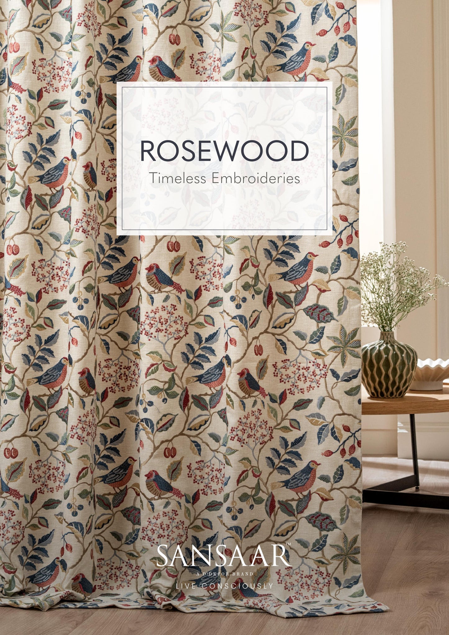 Rosewood Timeless Embroidered Fabric from Sansaar (A D'decor Brand)